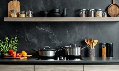 Modern kitchen scene with pots, spices, and fresh vegetables on display.