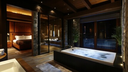 Fototapeta premium Behind a glass barrier in a stylish, pricey, dark-modern home with wood trim and LED lighting is a bedroom and freestanding bathroom.