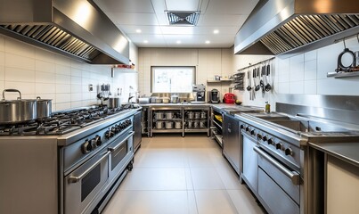 Modern kitchen with stainless steel appliances and organized workspace.