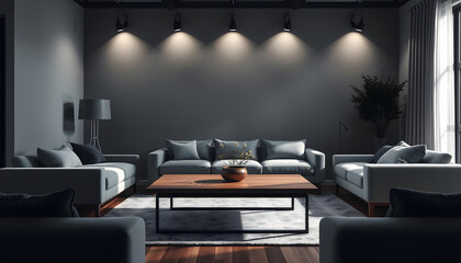 Modern interior of living room with grey sofa and wooden table, studio photography. isolated with white highlights