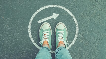 Business Target Goal Progress Objective Results Feet in trendy sneakers standing on a direction sign circle.