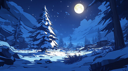 Serene Winter Night: Low-Poly 3D Render of a Snowy Forest Landscape. AI Generated