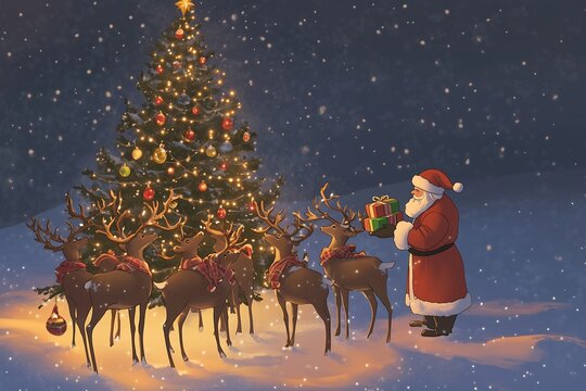 Cena  Natal com Papai Noel, renas e &aacute;rvore