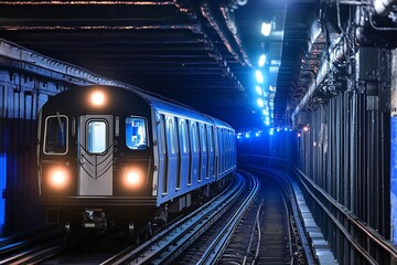 Fototapeta premium Trem de metrô moderno se movendo por um túnel subterrâneo iluminado por luzes azuis