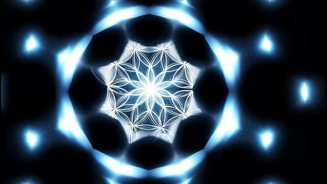 Blue Flower Of Life Esoteric Mystical Symbol Mandala Geometry Looped Transparent Alpha Overlay On Black Background. Evil Eye Protection
