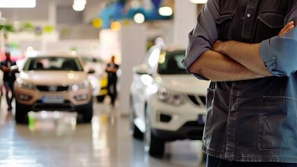 A manager stands at a car dealership. Man in a car repair shop. Mechanic or a worker in the garage.
