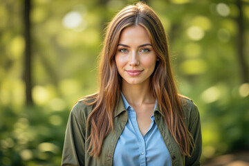 Fototapeta premium A lifestyle portrait photo of a person: A woman in a green jacket standing in the woods.