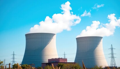 Obraz premium Bright White Smoke Emitting from Power Plant Cooling Towers
