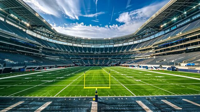 American football or rugby field. The stadium is empty and the field is freshly mowed.