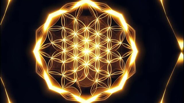 Golden Flower Of Life Esoteric Mystical Symbol Mandala Geometry Transparent Alpha Overlay On Black Background. Evil Eye Protection	