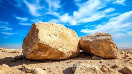 Majestic Desert Boulders: A Striking Wide Shot Photo Under a Vivid Blue Sky. AI Generated