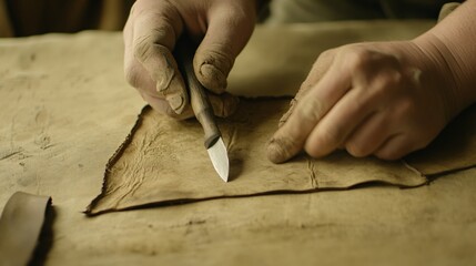 Craftsmanship in Action: Artisan Working on Raw Leather with Hand Tool