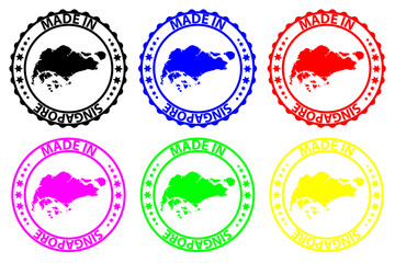 Made in Singapore - rubber stamp - vector, Singapore map pattern - black, green, yellow, purple, blue and red