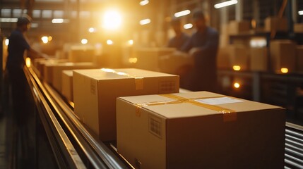 Packages on a conveyor belt in a warehouse, indicating logistics operations.