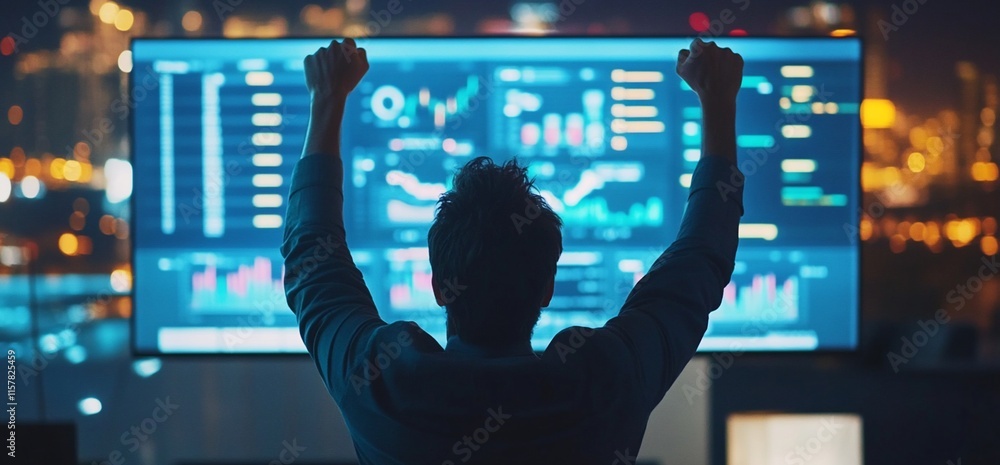 Poster person celebrating in front of a screen displaying data and charts.