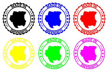 Made in Suriname - rubber stamp - vector, Suriname map pattern - black, blue, green, yellow, purple and red
