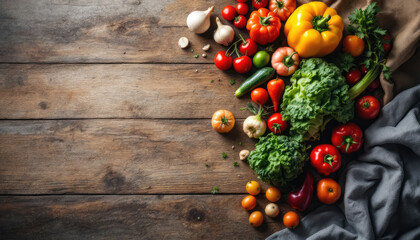  A variety of fresh vegetables, including tomatoes, peppers, onions, and garlic, are scattered on a rustic wooden surface, with a gray cloth draped over the right side.