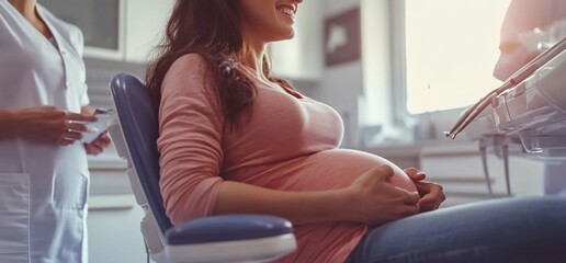 Pregnant woman sitting in a dental chair during a check-up.