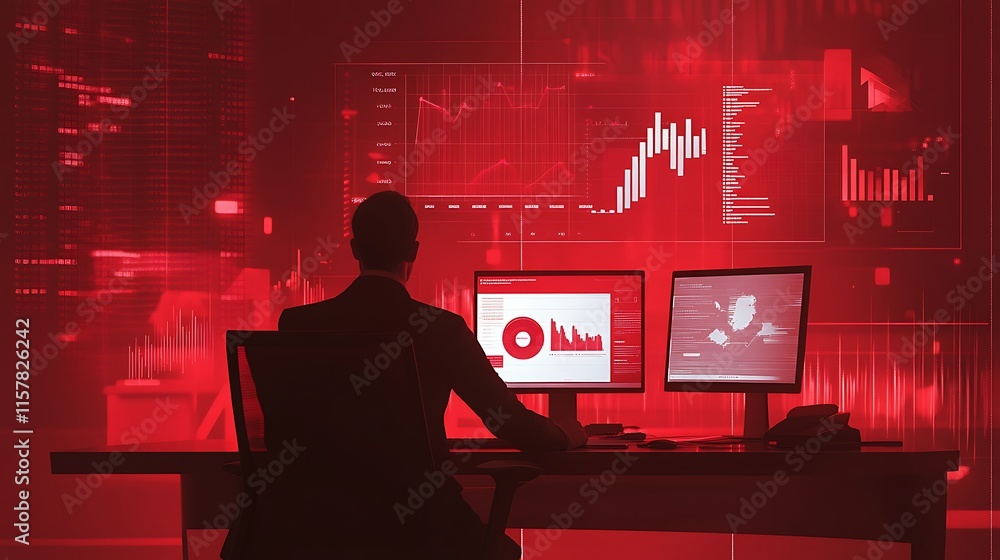Poster businessperson analyzing data on multiple computer screens in a dark red lit office.