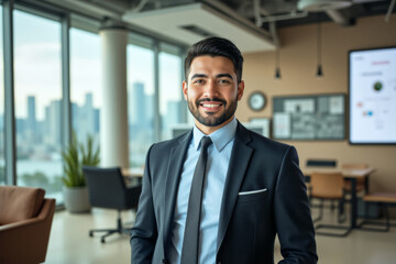 Fototapeta premium A lifestyle portrait photo of a person: A man in a suit and tie standing in an office.
