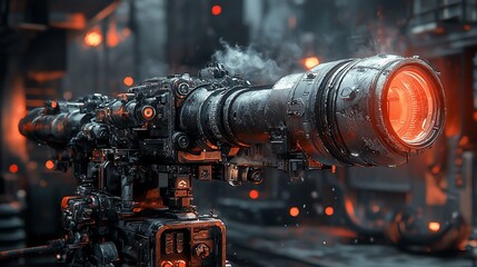 Fototapeta premium Steampunk-style futuristic weapon, smoking barrel, glowing orange end, dark background.