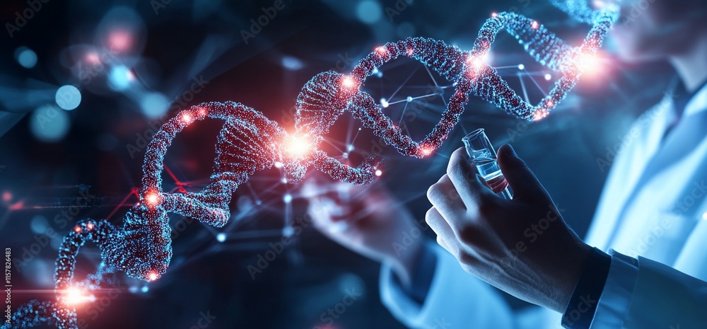 Poster scientist analyzing dna structure with futuristic technology.