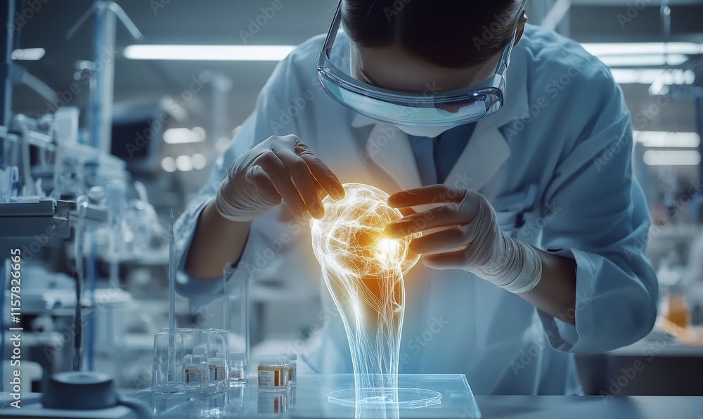Poster scientist examining a glowing molecular structure in a laboratory setting.