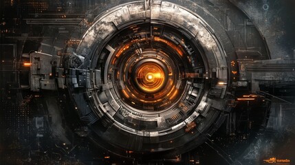 Futuristic technology background, digital core, glowing orange center
