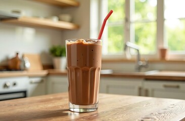 Chocolate milkshake in a glass with a straw, on a wooden table in a bright room, with a window on a blurred background. Generated AI