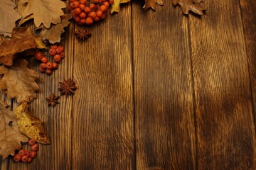 dark wooden background, brown and yellow leaves at the top and left, red viburnum berries and star anise