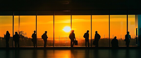 Silhouettes of people against a sunset backdrop in a modern space.