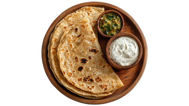 Parathas with white cream in a bowl and roti on a wooden plate , cut out