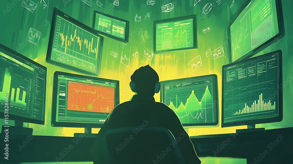 Poster person viewing multiple stock market charts on computer screens.