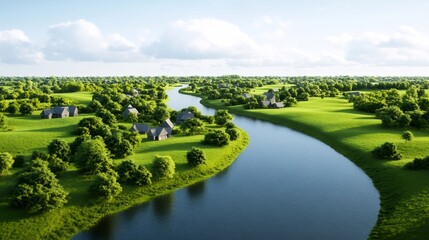 Serene River Gently Winding Through Lush Green Valley: Stunning Aerial 3D Render. AI Generated