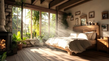 Serene Rustic Bedroom: Sunlit 3D Render, Warm Minimalist Style. AI Generated