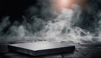 Podium Black Dark Smoke Background Abstract Stage Texture with Fog and Spotlight for Dramatic Presentations and Events