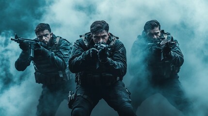 Fototapeta premium Three armed soldiers in tactical gear, poised in a smoky environment.