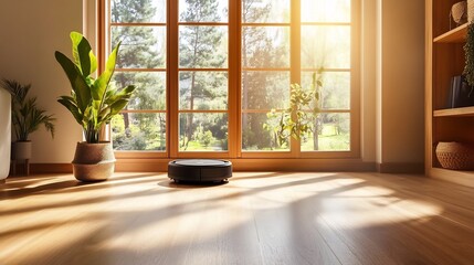 Fototapeta premium Sunlight Streams Through Window onto Quietly Cleaning Robot Vacuum in Modern Home Photo. AI Generated