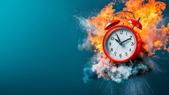 Fiery Alarm Clock Exploding: Dramatic Digital Painting in Vivid Teal. AI Generated