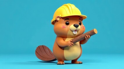 Fototapeta premium A cute, cartoon beaver wearing a yellow hard hat holds a piece of wood, against a light blue background. Concept of adorable construction. 