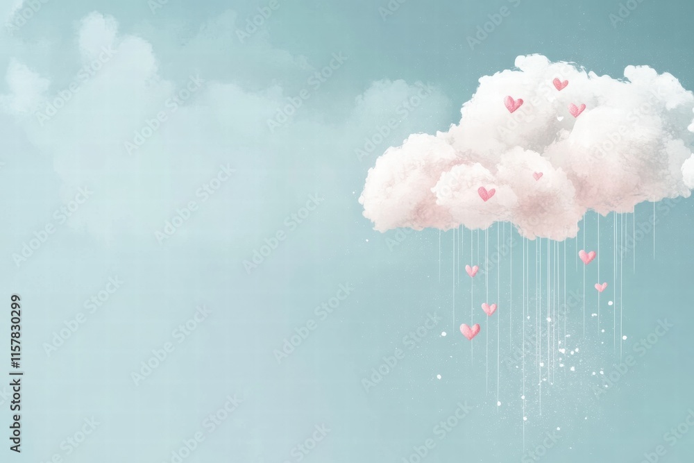 Poster whimsical valentines day design featuring playful clouds and floating hearts with space for personal