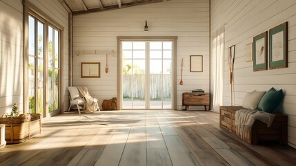 Sunlit Rustic Interior: Warmly Lit 3D Rendered Room Design. AI Generated
