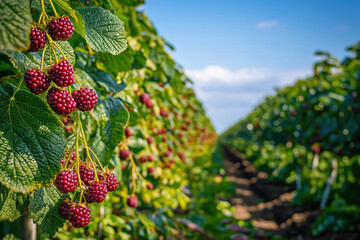 Boysenberries growing on bushes on a boysenberry farm on a sunny clear blue sky day.