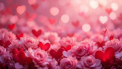 Tender Valentine's background featuring heart-shaped flowers, soft lighting, glossy textures, love-inspired design, romantic pink and red hearts