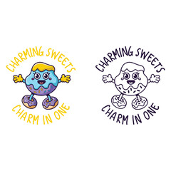Colorful Cartoon Sweets Logo with Playful Mascot for Bakery and Confectionery Branding,cartoon branding, confectionery logo, donut character