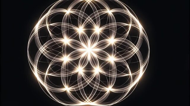 White Flower Of Life Esoteric Mystical Symbol Mandala Geometry Looped Transparent Alpha Overlay On Black Background. Evil Eye Protection VFX	