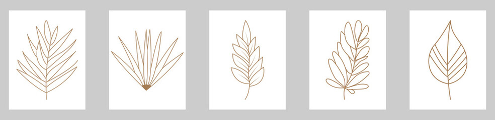 Set of abstract minimalist line art posters with leaves elements