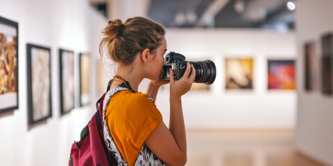 A young woman is taking photos in an art gallery. The scene captures creativity and exploration. It showcases the joy of photography and appreciating art. Perfect for inspiration and learning. AI.