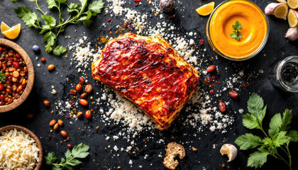  A grilled steak with a red sauce, surrounded by various spices, herbs, and vegetables, with a glass bowl of sauce and lemon wedges nearby.