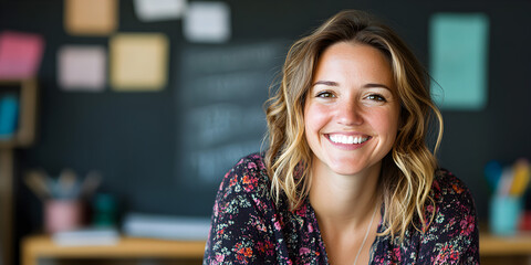 Smiling female teacher in classroom background with blackboard. Concept woman teacher.